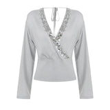 MQTIME  -  Sequins Patchwork Bright Silk T-shirts Women Sexy Deep V Neck Flare Long Sleeve Lace Up Backless Slim Tees Night Clubwear Tops