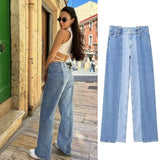 MQTIME  -  Women's 2024 Summer New Fashion Trendy High Street High Waist Contrast Color Splicing Straight Leg Jeans 5862/072