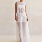 MQTIME  -  Summer O-neck Sleeveless Vest Top & Long Skirt Outfits Casual Loose Women's Holiday Suits White See Through Mesh Two Piece Set