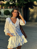 MQTIME  -  Women Fashion White Ruffles Lace Up Mini Skirt Suits Elegant V Neck Long Sleeves Top Short Skirts Set Summer Lady Street Outfits