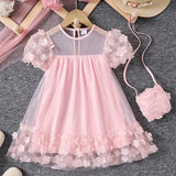 MQTIME  -  Girls Summer Mesh Splicing Three-dimensional Flower Fashion Princess Dress with Crossbody Bag Dress