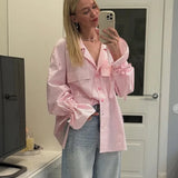 MQTIME  -  Striped Commuter French Shirt Women's Spring and Autumn New Printed Lapel Flared Sleeve Loose Pocket Shirt