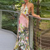 MQTIME  -  Sexy Hollow Out Sleeveless Evening Dress Elegant Backless Women Suspender Dress French Style Floral Printed Deep V Halter Dress