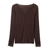  MQTIME  -  Slim Lace Patchwork Women's Top Sexy V-neck Long Sleeve Solid Female Pullovers Autumn Winter New Lady All-match T-shirts
