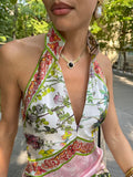  MQTIME  -  Print Long Dress For Women Stand Deep V-neck Sleeveless Backless Waist Cinching Robe Summer Elegant Female Party Dresses