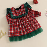 MQTIME  -  0-3Y Princess Baby Girls Christmas Dress Ruffles Plaid Long Sleeve Plaid Print Bowknot Lace Tulle Dress