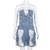 MQTIME  - Women Fashion Hole Tassel Denim Playsuits Rompers V-neck Strapless Zipper Backless Pockets Casual Streetwear Jeans Overalls