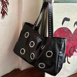 MQTIME  -  Harajuku-style Y2k Cool Large-capacity Punk Dark PU Tote Bags Metallic Ring Holes Storage Bag Handbag Women's Bags Shoulder Bag