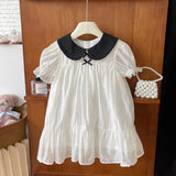 MQTIME  -  Summer Korean Children Girl Dress Cotton Patchwork Turn Down Collar Short Sleece Baby Girl Dress Loose Tulle Toddler Girl Dress