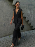 MQTIME  -  Fashion Solid Elastic Waist Wide Leg Loose Pants Suit Women Sleeveless Off Shoulder Ruffles Deep V-neck Top Sets New Street Wear
