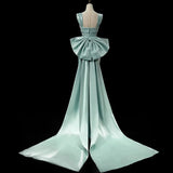 MQTIME  -  Simple Mint Green Satin Women's Mermaid Evening Dresses Big Back Bow Long Train Sleeveless Formal Evening Party Gown