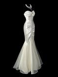 MQTIME  -  White Evening Dress Sleeveless Slim Fishtail Satin Strapless Sweetheart Neckline Celebrity Bridal Banquet Gown