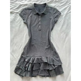 MQTIME  -  Korean Grey Waist Cinched Dress Women Summer New Slim Fit Cake Ruffle Hem A‑Line Mini Dress Fashion Dresses