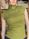 MQTIME  -  Green High Neck Slim Fit Tops Women Fashion Mini Sleeves Asymmetric Button Short Shirts Summer Trendy Lady Casual Wear New