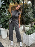 MQTIME -  2024 New Solid Casual Pants Sets Women Spring Summer Side Drawstring Cropped Tops+high Waist Trouser Suits Fashion Chic Outfits