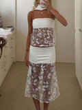 MQTIME  -  New Fashion Lace Two Piece Set Female Simple Solid Backless Holiday Suit Elegant Strapless Top with Long Skirt Party Outfit
