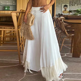 MQTIME  -  Holiday Tassel Design Wide Leg Trousers Streetwear Elegant Loose Flare Pant Women Simple Elegant Solid Color Ethnic Pants