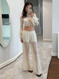 MQTIME  -  See Through Women's Pant Suit Two Piece Set Sexy Tassel  Patchwork Full Sleeve Tank Top Wide Leg Pants Female Sets Beach Outfit