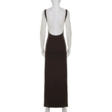 MQTIME  -  Elegant Backless Maxi Dress Women Brown Cowl Neck Sleeveless Bodycon Floor Length Evening Party Vacation Resort Fashion Gown