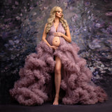 MQTIME  -  Mauve Ruffled Tulle Maternity Dresses for Photography Halter Front Slit Fluffy Maternity Photoshoot Dress for Pregnant Women