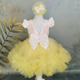 MQTIME  -  Yellow Flower Girl Dresses Tulle Sequin With Bow Short Sleeve For Wedding Birthday First Communion Gowns