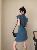 MQTIME  -  The Newest Fashion Wear Take Fashion Women Vintage Polo-neck Sleeveless Denim Blue Dress Party Cocktail Short Mini Dress