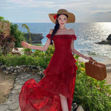 MQTIME  -  Summer Red Embroidery Eyelet Maxi Dress Women Square Neck Ruffle High Low Hem Long Dress Elegant Beach Vacation Sundress