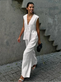 MQTIME  -  Fashion Solid Elastic Waist Wide Leg Loose Pants Suit Women Sleeveless Off Shoulder Ruffles Deep V-neck Top Sets New Street Wear