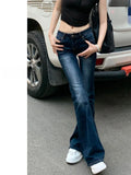 MQTIME  -  Retro Deep Blue Denim Jeans Women's Spring Slim Fit Elastic Micro Flared Pants Small Stature Casual Low Waist Long Trousers