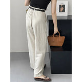 MQTIME  -  Stripe Linen Cotton Long Pant Women High Waist Wide Leg Pants