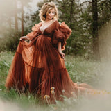  MQTIME  -  Vintage Brown Maternity Evening Dress for Baby Shower Sexy V Neck Pregnant Women Gowns Customized Formal Photography Props