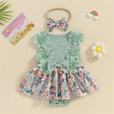 MQTIME  -  New Girl's Pit Strip Lace Splicing Flower Full Printed Flying Sleeve Jumpsuit Princess Style Cartoon Cute Climbing Dress