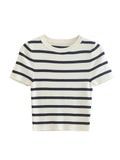 MQTIME  -  Vintage Women Striped Short Tshirts Fashion Ladies Slim Knitted Crop Tops for Womens Casual Tees Female Clothes Chic