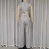 MQTIME  -  Women 2 Piece Set Summer Office Striped Print Sleeveless V Neck Single Breasted Button Vest Top Loose Wide Legs Pants Set