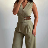 MQTIME  -  2 Piece Set Women Summer Casual V Neck Sleeveless Solid Patchwork Buckle Tank Top Loose Straight Pants Sets Streetwear