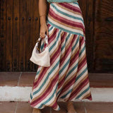 MQTIME  -  Casual Bohemian Striped Printed Women's Long Skirt Spring Summer Loose Commuting Half Skirt Vacation High Waist Party Skirt