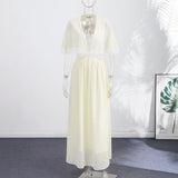  MQTIME  -  Women Casual Dresses Deep V Lace Waist Cutout Maxi Dress Puff Sleeve Flowy Skirt Bohemian Daily Outfit Summer Wear Woman Clothes