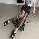 MQTIME  -  2024 Summer Commuter Korean Half Skirt High Waist Lace Slim Hook Flower Style New Solid Color Sexy Long Skirt for women