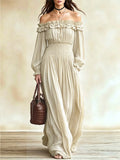 MQTIME  -  Women Off‑Shoulder Ruffle Maxi Dress Long Lantern Sleeve Smocked Waist Bohemian Flowy Long Dress Casual Beach Vacation Sundress