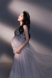  MQTIME  -  Silver Maternity Photography Dresses Sexy Sequin Beaded Dress Pregnant Women V Neck Sling Dress Baby Shower Maxi Dress