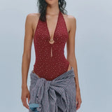 MQTIME  -  Women's Sexy Night Out Backless Coquette Short Playsuit Shiny Rhinestone Tied Halter V-neck Bodycon Bodysuit Clubwear