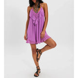 MQTIME  -  Women Lace-up Halter V-Neck Sleeveless Tied Open Back Solid Ruffle Trim Decor Summer Layered Flowy A-line Mini Dress