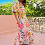 MQTIME  -  Summer Dress Elegant Women Flower Printed Maxi Dress High Waisted Short Sleeve Square Collar Summer Fashion Holiday Dresses
