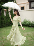 MQTIME  -  French Style Summer Women Green Fairycore Dress Square Collar Solid Sweet Travel Holiday Dress Stylish Ruffles Feminine Dresses