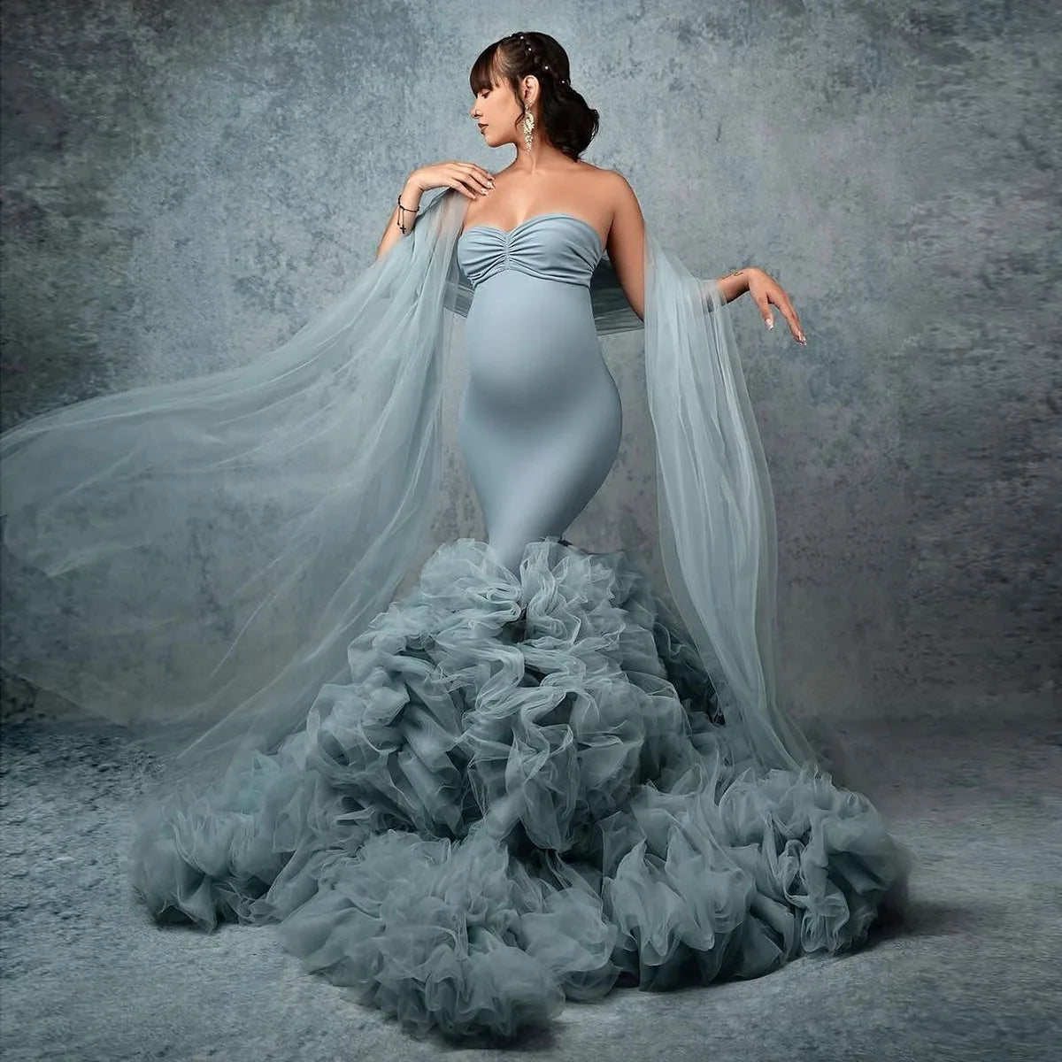 MQTIME - Grey Blue Mermaid Maternity Dress for Photo Shoot Ruffles Tra mqtime MQTIME - Grey Blue Mermaid Maternity Dress for Photo Shoot Ruffles Tra mqtime