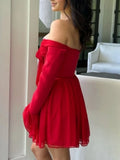 MQTIME  -  Sexy Long Flare Sleeve Lace-up Bow A-line Dress Women Black Red Off Shoulder Backless Pleated Mini Dresses Evening Party Clubwea