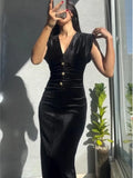 MQTIME  -  V-Neck Velvet Long Dresses Pleated Sexy Wide Shoulder Strap Waist Cinching Slim Fit Sleeveless Robes Gold Button Trend Dress