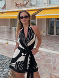 MQTIME  -  Women's Print Halter A-line Dress Sexy Elegant Chic Halter Deep V-neckline Off-shoulder Backless Dresses Vacation Vestidos