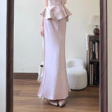 MQTIME  -  Elegant Temperament Luxury O Neck Sleeve Slim Waist Pleated Edge Shirts Y2k Satin Solid Long Skirts Korean All Match Clothes