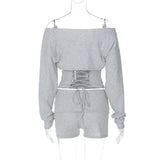 MQTIME  -  Women Solid 2 Piece Set Tracksuits Off Shoulder Long Sleeve Lace Up Slim T-shirts Crop Tops + Shorts Casual Streetwear Suits